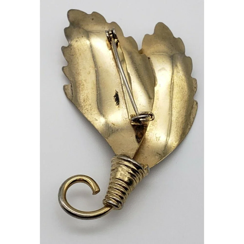 Leaf Brooch Pin Brushed Gold Tone Coiled Wrapped Stem Art Deco Shiny Vintage